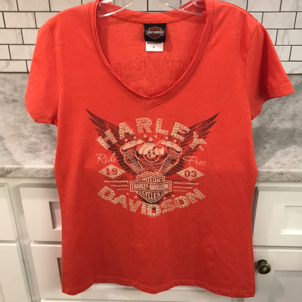 Harley-Davidson Shirt Womens Medium Orange V-Neck Top Horny Toads T Shirt Moto